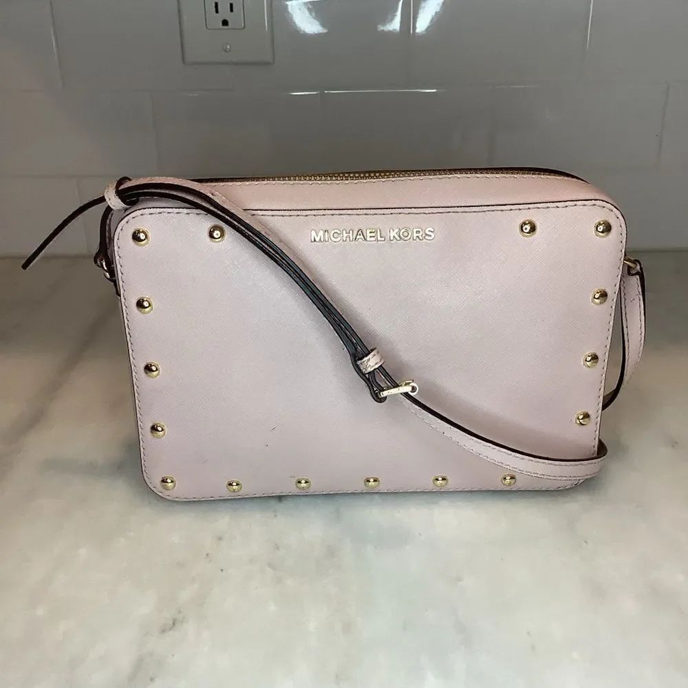 Michael Kors Bag Purse Handbag Leather Pocketbook Pink Stud Saffiano Crossbody